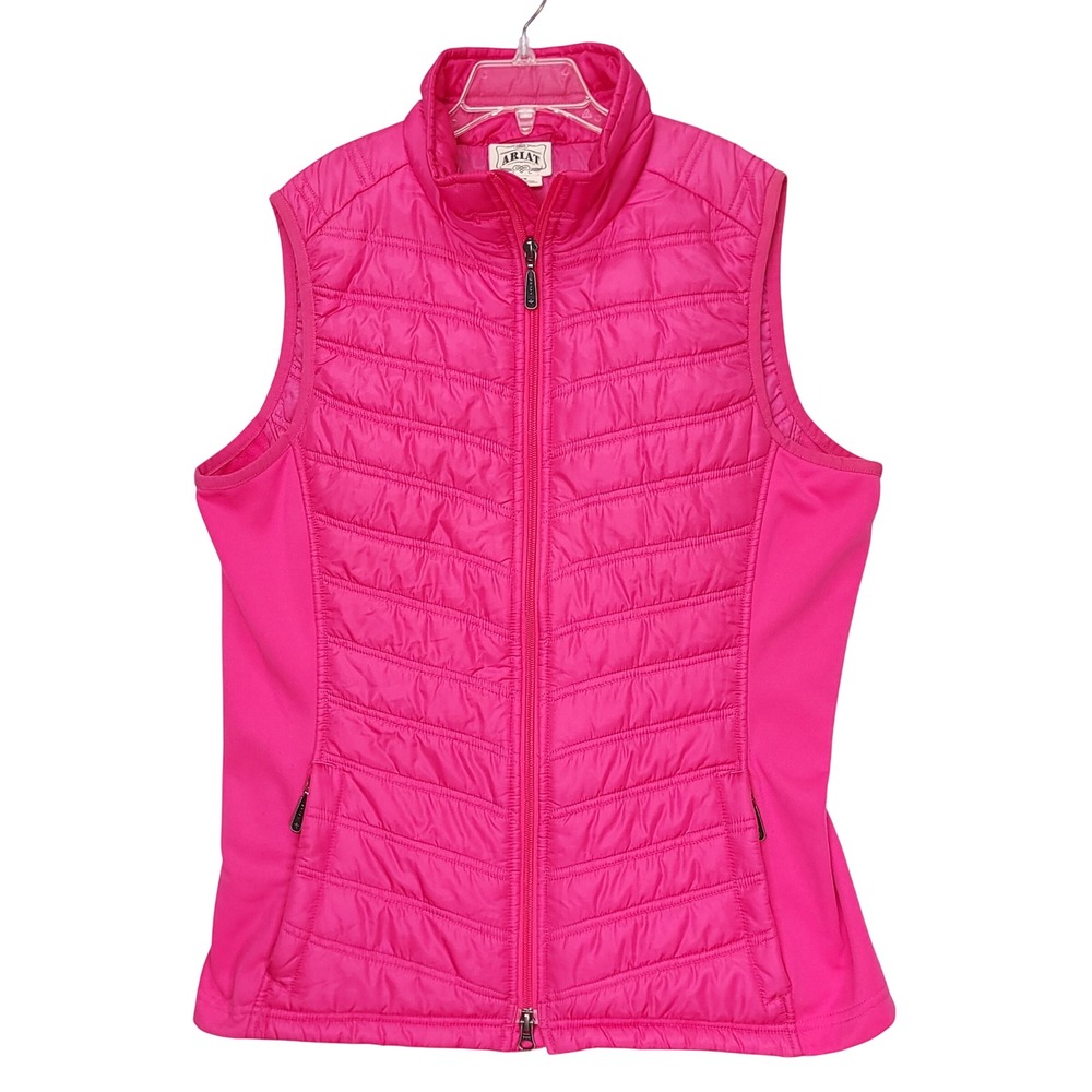 Ariat Womens Pink Quilted Full Zip Equestrian Vest Size Large Chevron Puffer